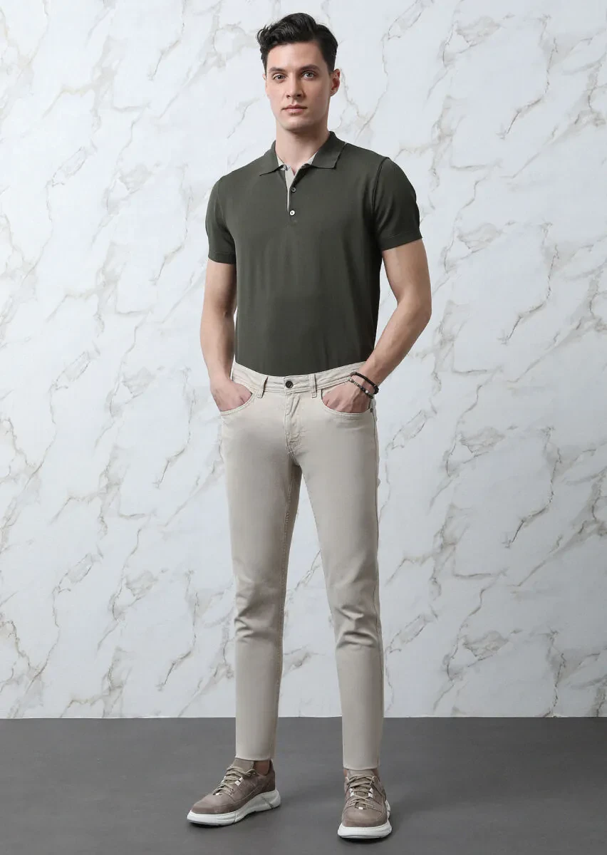 Bej Düz Slim Fit Denim Pamuk Karışımlı Pantolon - 4