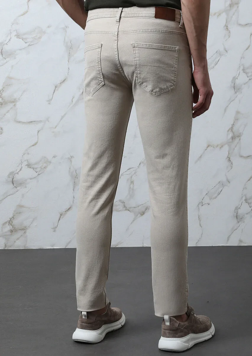 Bej Düz Slim Fit Denim Pamuk Karışımlı Pantolon - 5