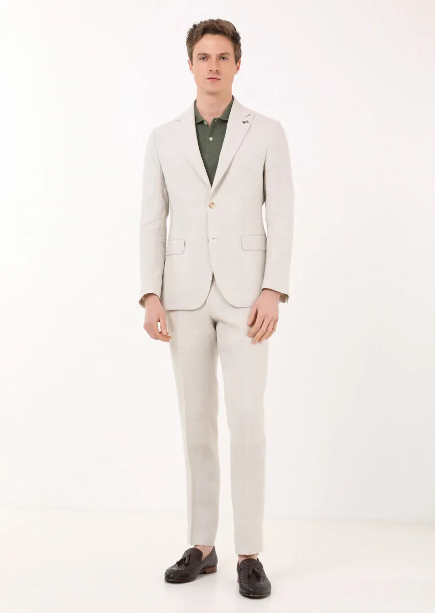 Bej Düz Zeroweight Slim Fit %100 Keten Takım Elbise - 1