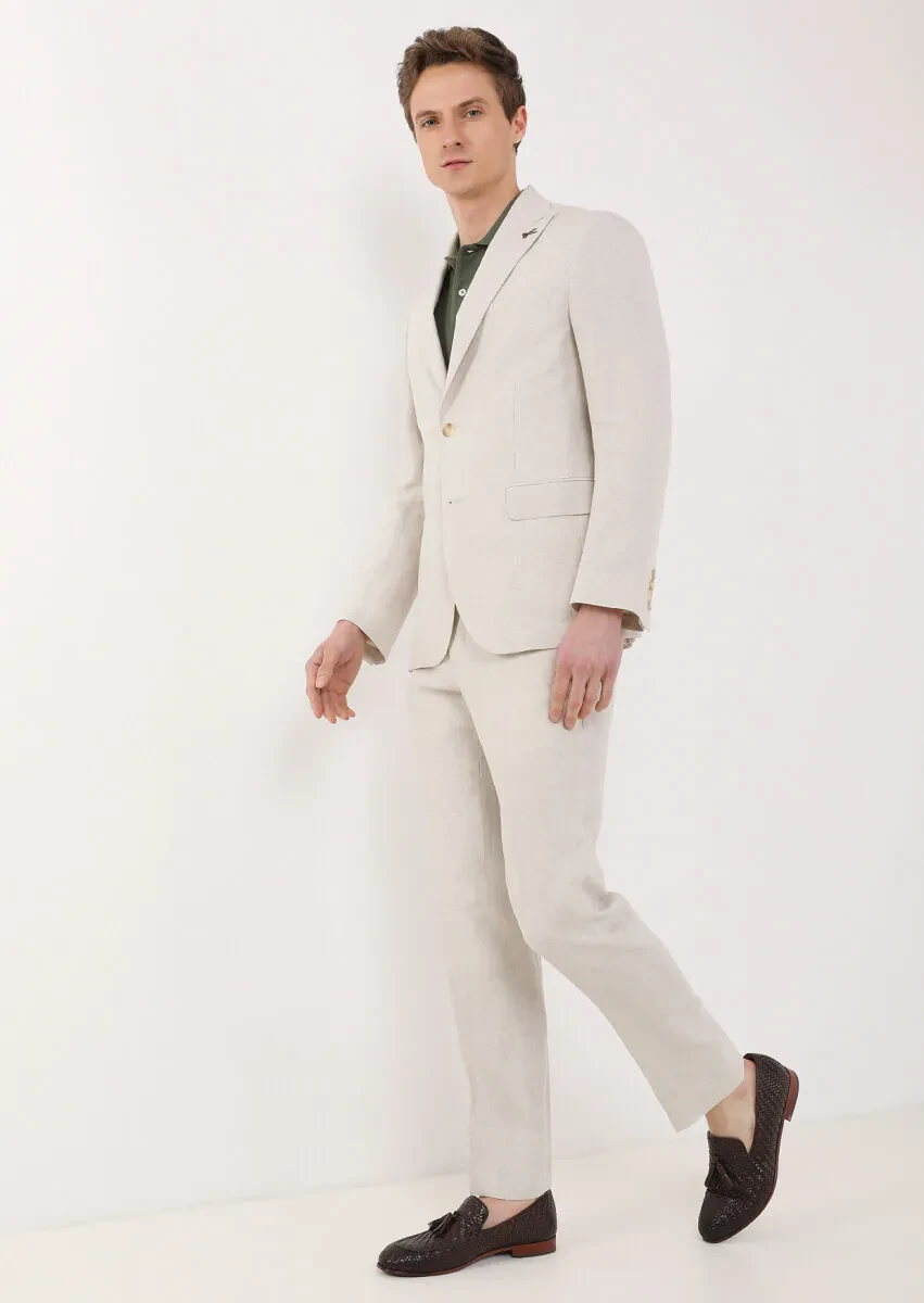 Bej Düz Zeroweight Slim Fit %100 Keten Takım Elbise - 2