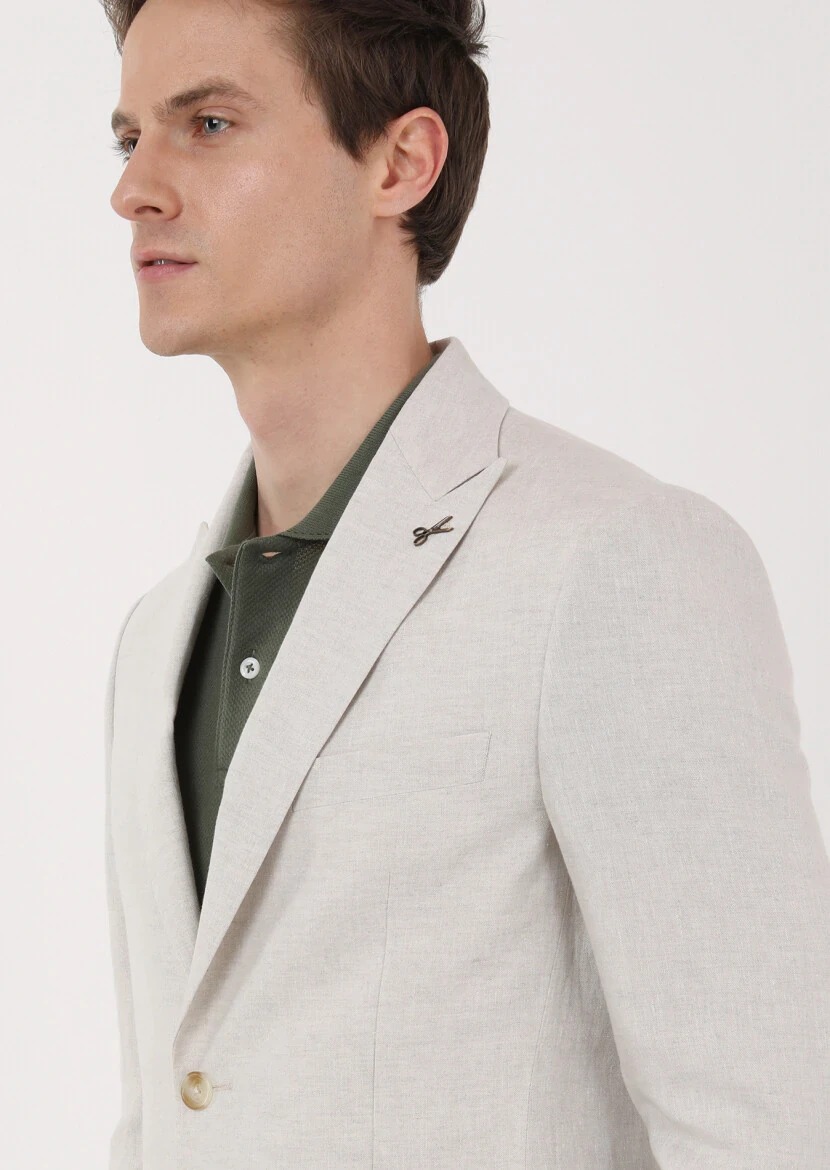 Bej Düz Zeroweight Slim Fit %100 Keten Takım Elbise - 3