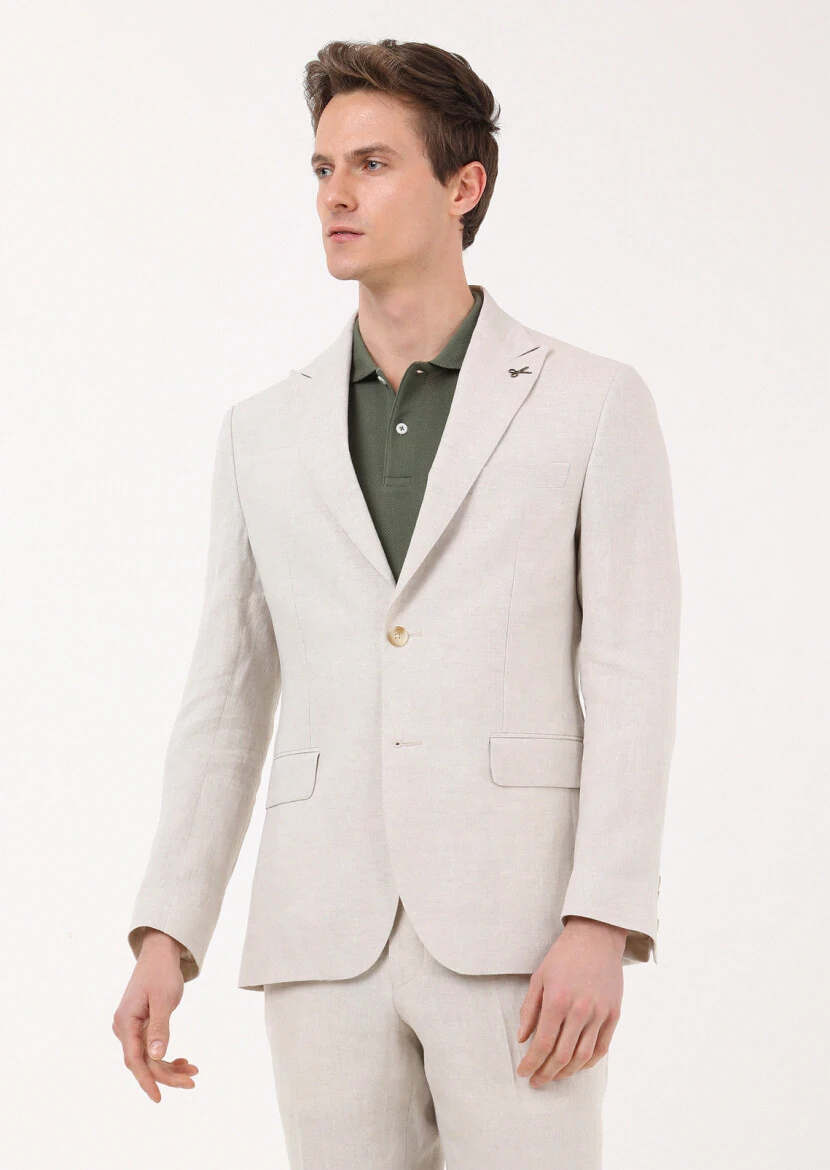 Bej Düz Zeroweight Slim Fit %100 Keten Takım Elbise - 5