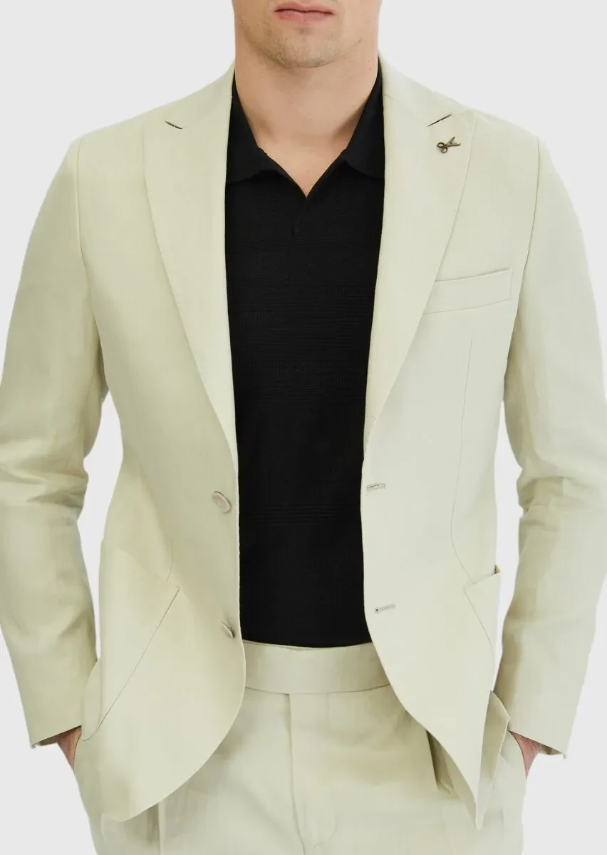 Bej Düz Zeroweight Slim Fit %100 Keten Takım Elbise - 4