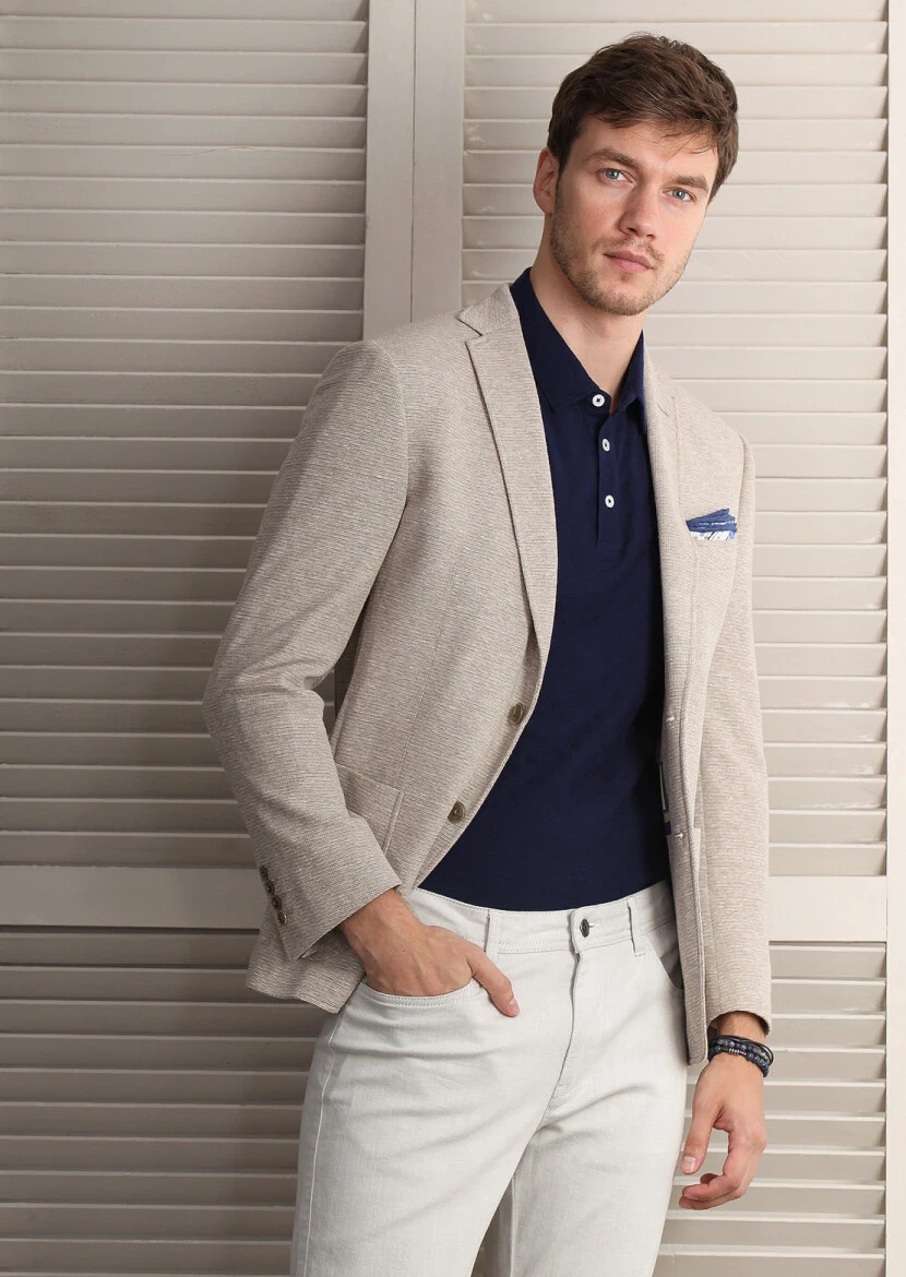 Bej Düz Zeroweight Slim Fit Pamuk Karışımlı Örme Ceket - 1