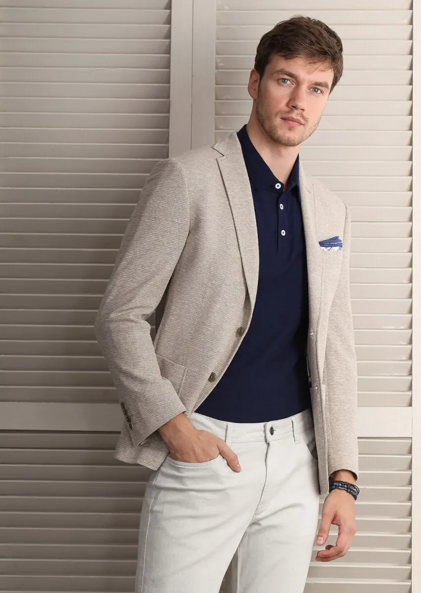Bej Düz Zeroweight Slim Fit Pamuk Karışımlı Örme Ceket - 1