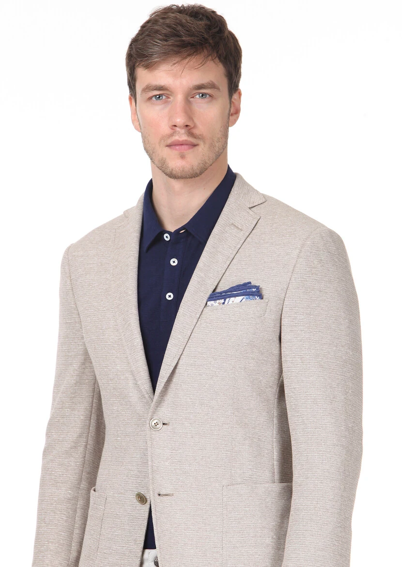 Bej Düz Zeroweight Slim Fit Pamuk Karışımlı Örme Ceket - 2