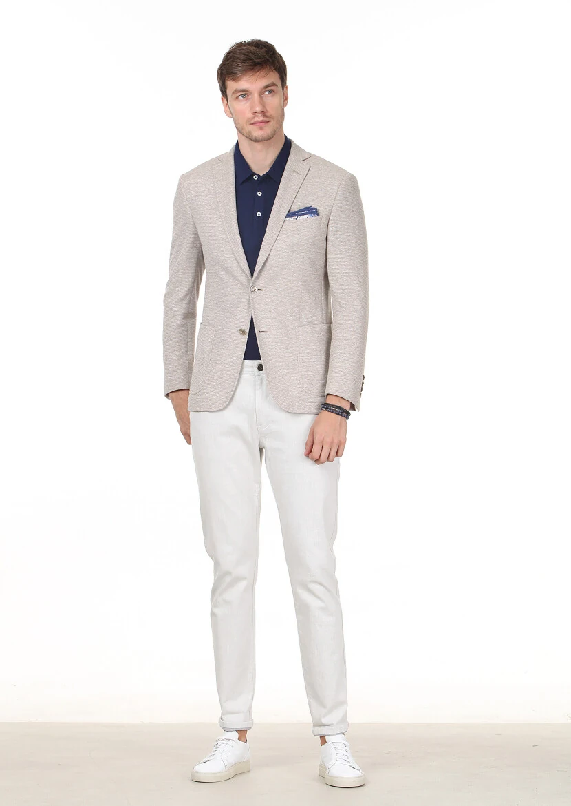 Bej Düz Zeroweight Slim Fit Pamuk Karışımlı Örme Ceket - 3