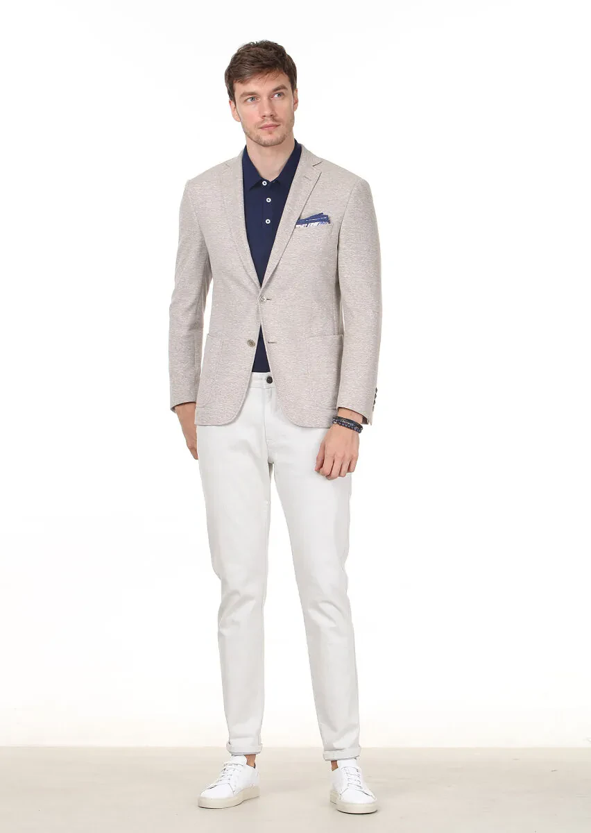 Bej Düz Zeroweight Slim Fit Pamuk Karışımlı Örme Ceket - 3