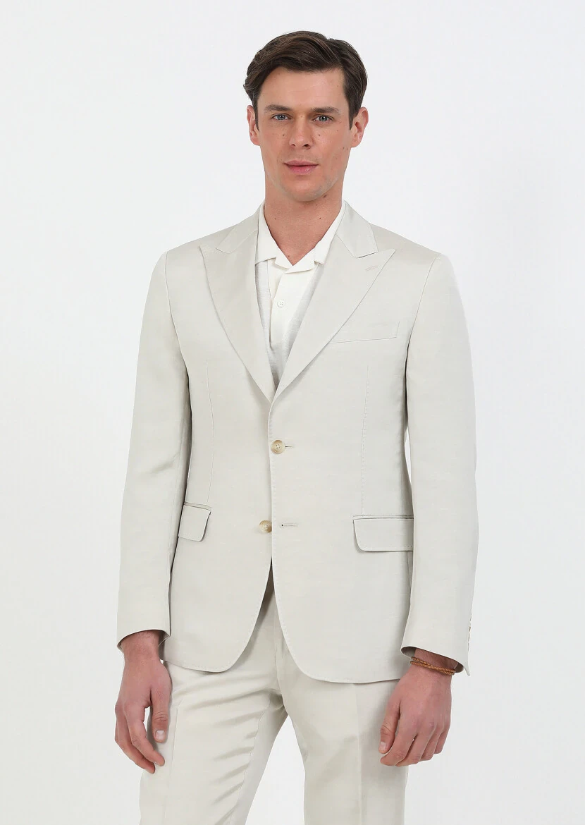 Bej Düz Zeroweight Slim Fit Pamuk Karışımlı Takım Elbise - 6