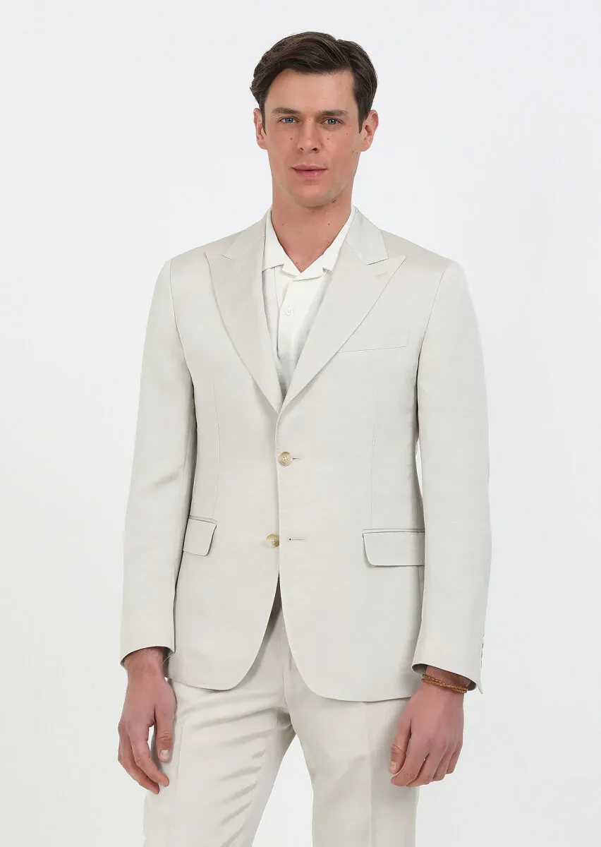 Bej Düz Zeroweight Slim Fit Pamuk Karışımlı Takım Elbise - 6