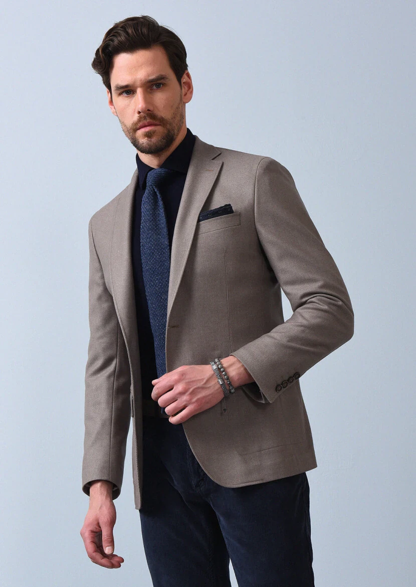 Bej Düz Zeroweight Slim Fit Yün Karışımlı Ceket - 1