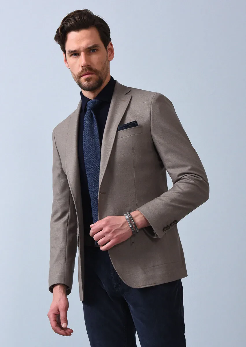 Bej Düz Zeroweight Slim Fit Yün Karışımlı Ceket - 1