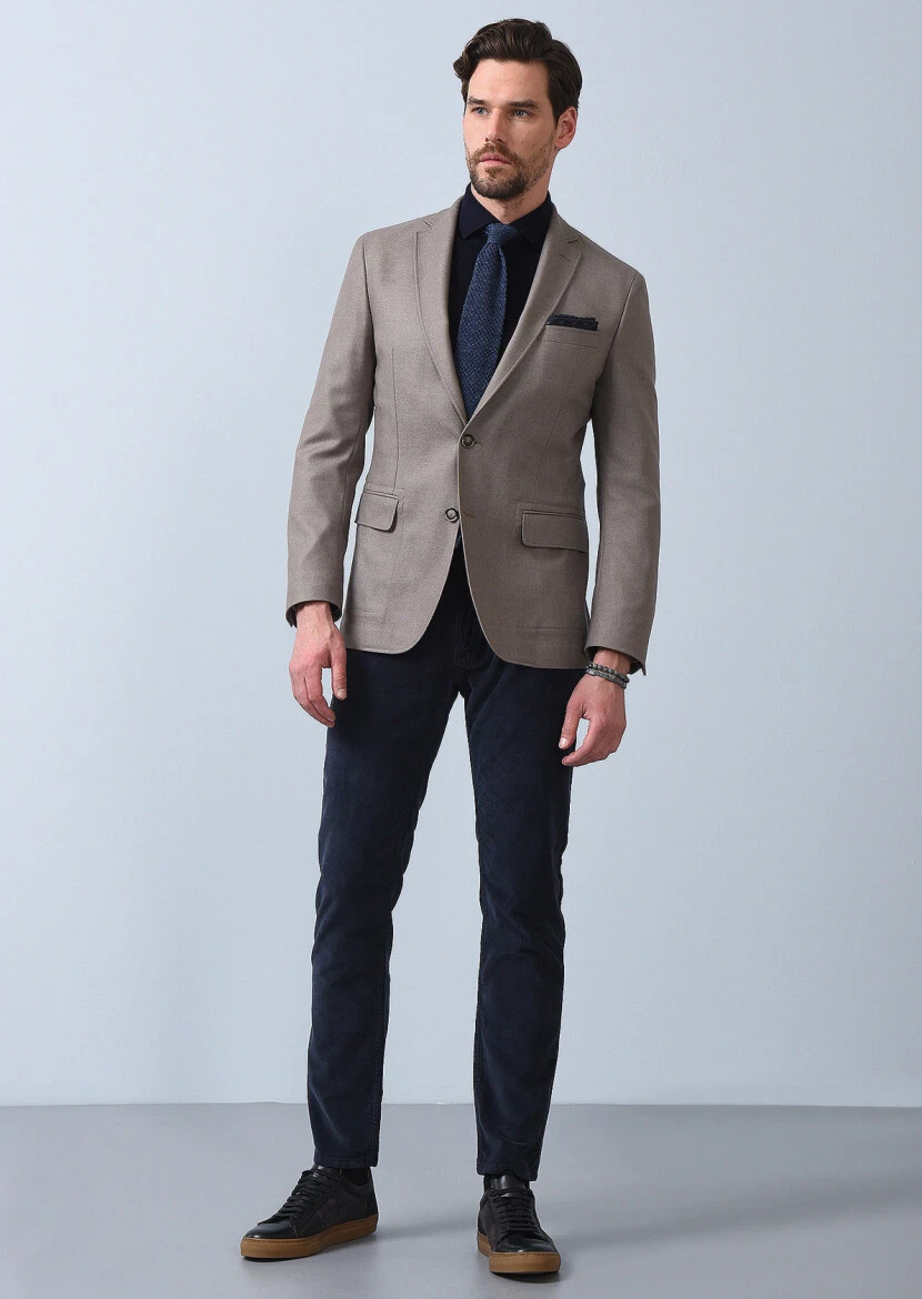 Bej Düz Zeroweight Slim Fit Yün Karışımlı Ceket - 3