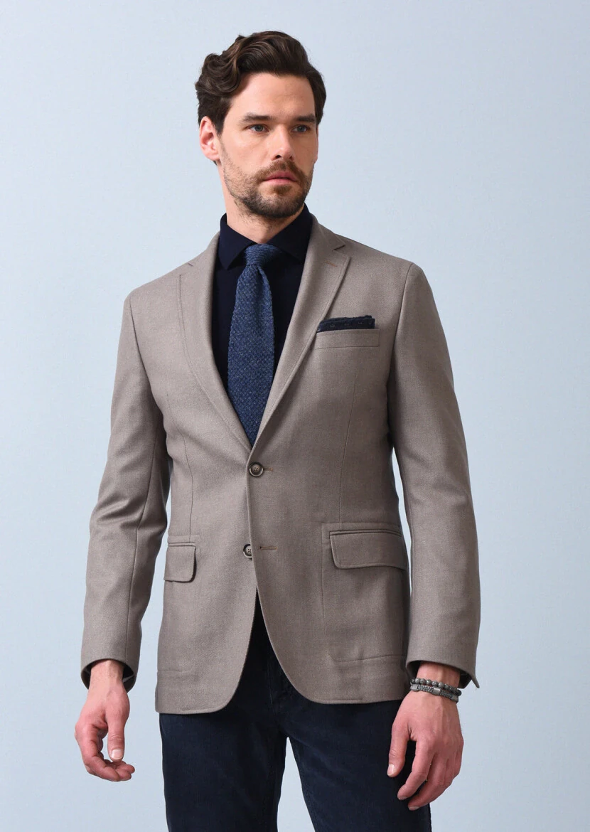 Bej Düz Zeroweight Slim Fit Yün Karışımlı Ceket - 4