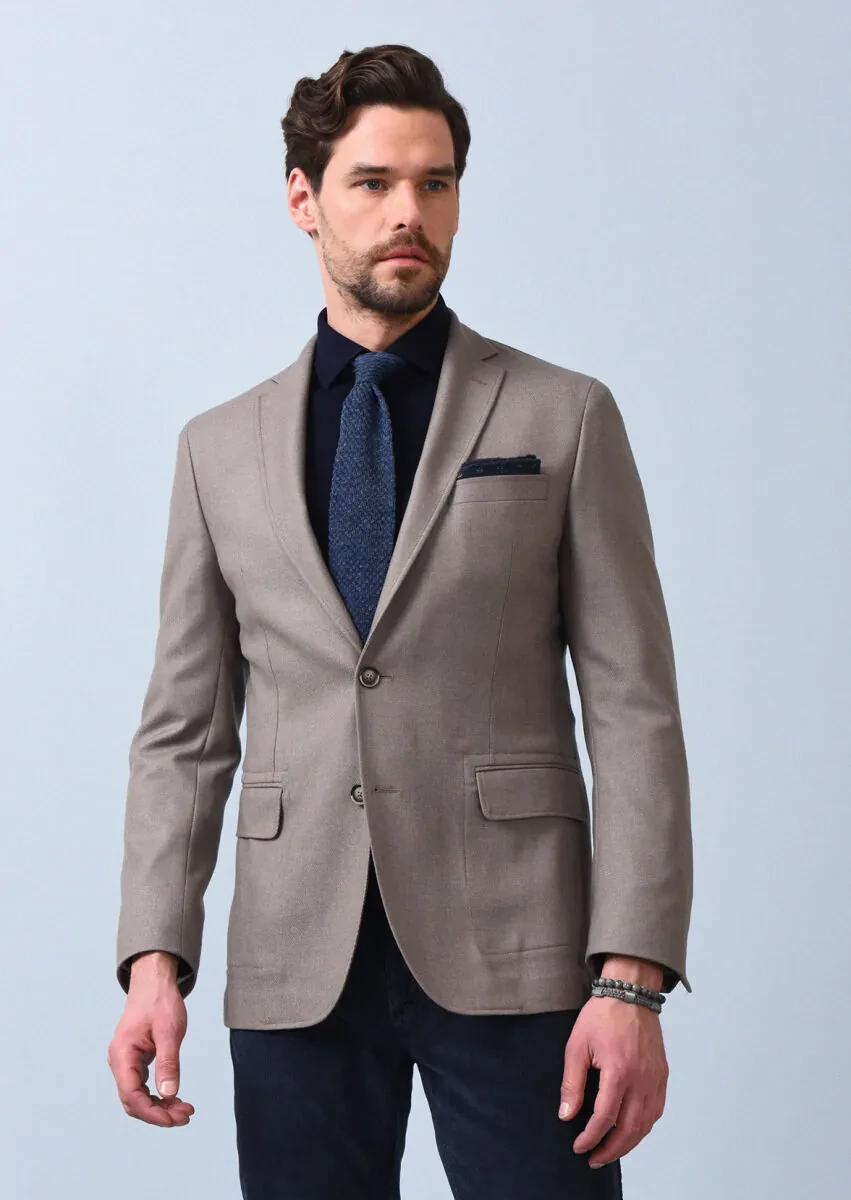 Bej Düz Zeroweight Slim Fit Yün Karışımlı Ceket - 4