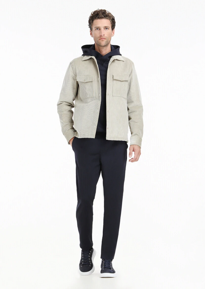 Bej Fitilli Casual Fit Dokuma Kadife %100 Pamuk Overshırt - 1