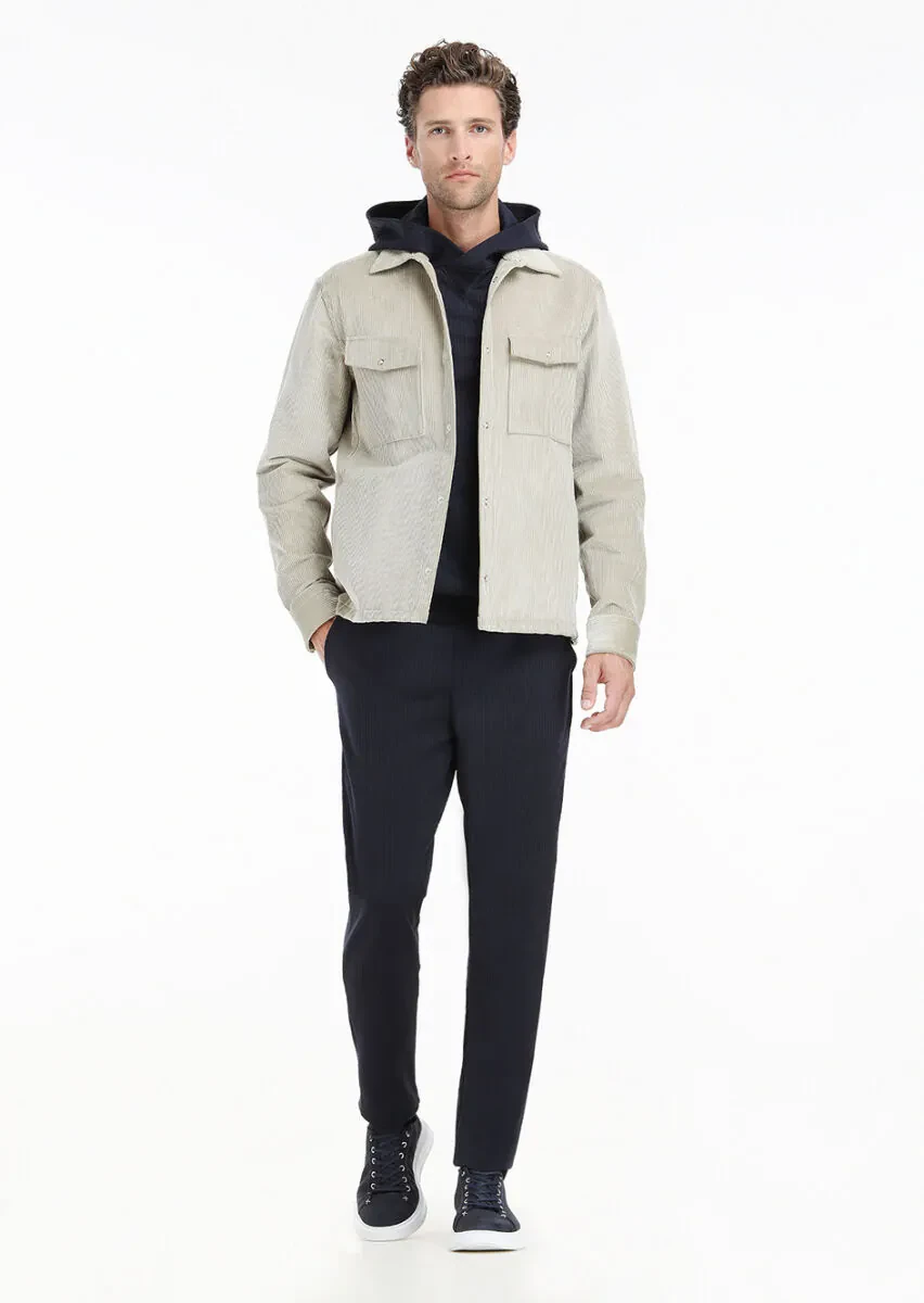 Bej Fitilli Casual Fit Dokuma Kadife %100 Pamuk Overshırt - 1