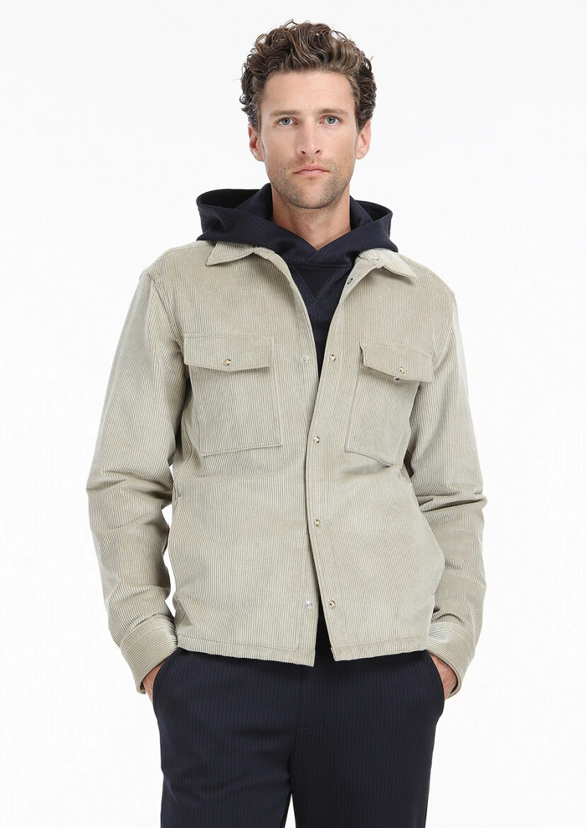 Bej Fitilli Casual Fit Dokuma Kadife %100 Pamuk Overshırt 