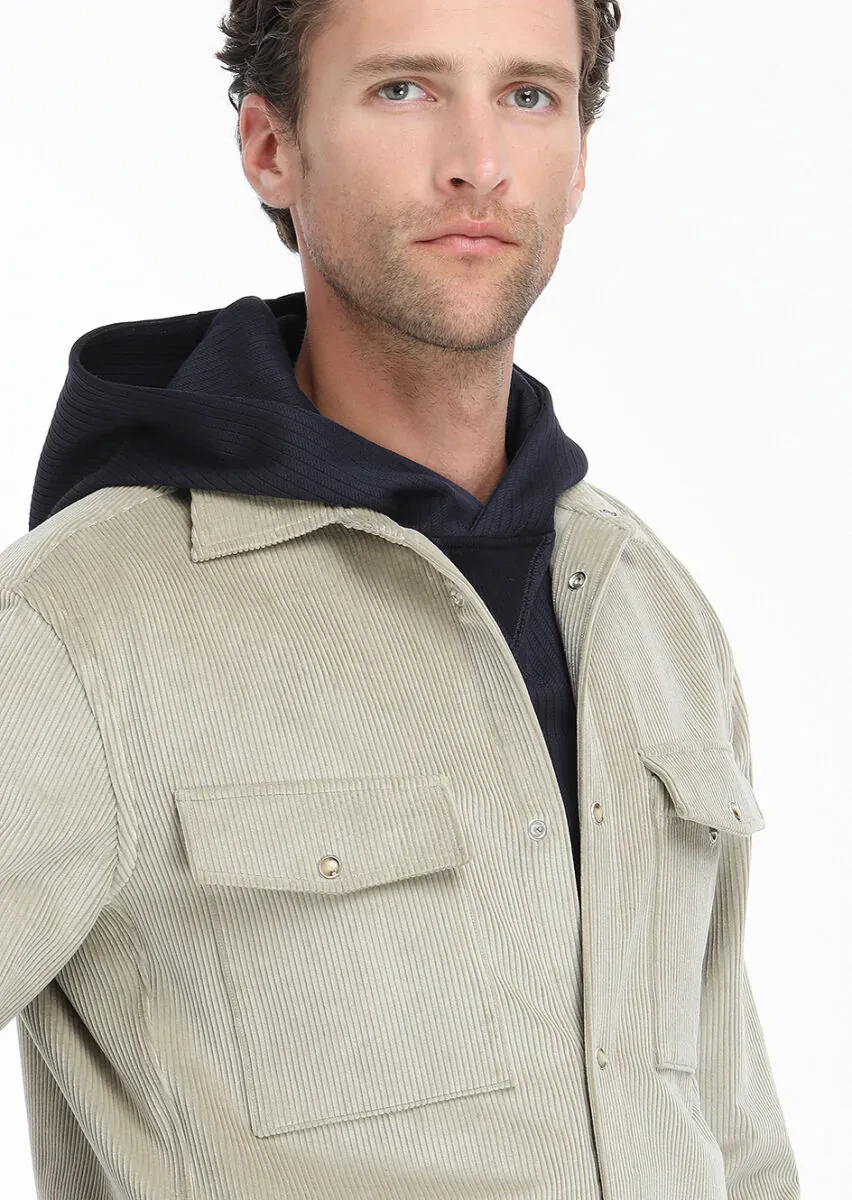 Bej Fitilli Casual Fit Dokuma Kadife %100 Pamuk Overshırt - 3