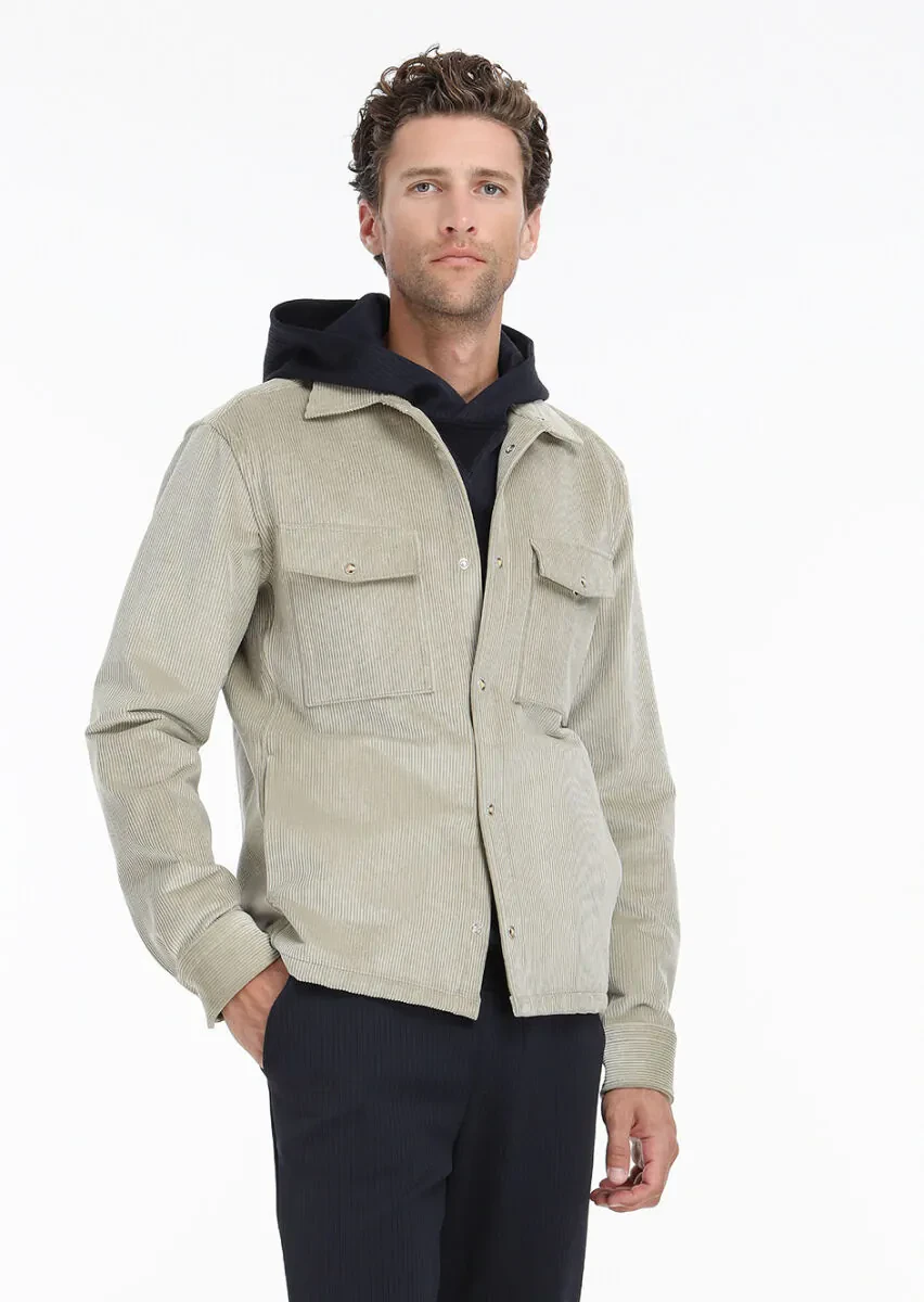 Bej Fitilli Casual Fit Dokuma Kadife %100 Pamuk Overshırt - 4