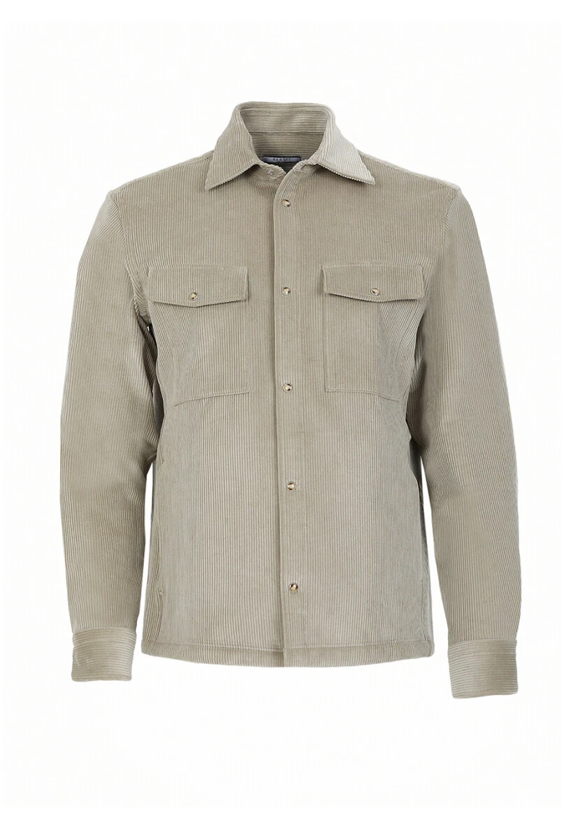 Bej Fitilli Casual Fit Dokuma Kadife %100 Pamuk Overshırt - 6