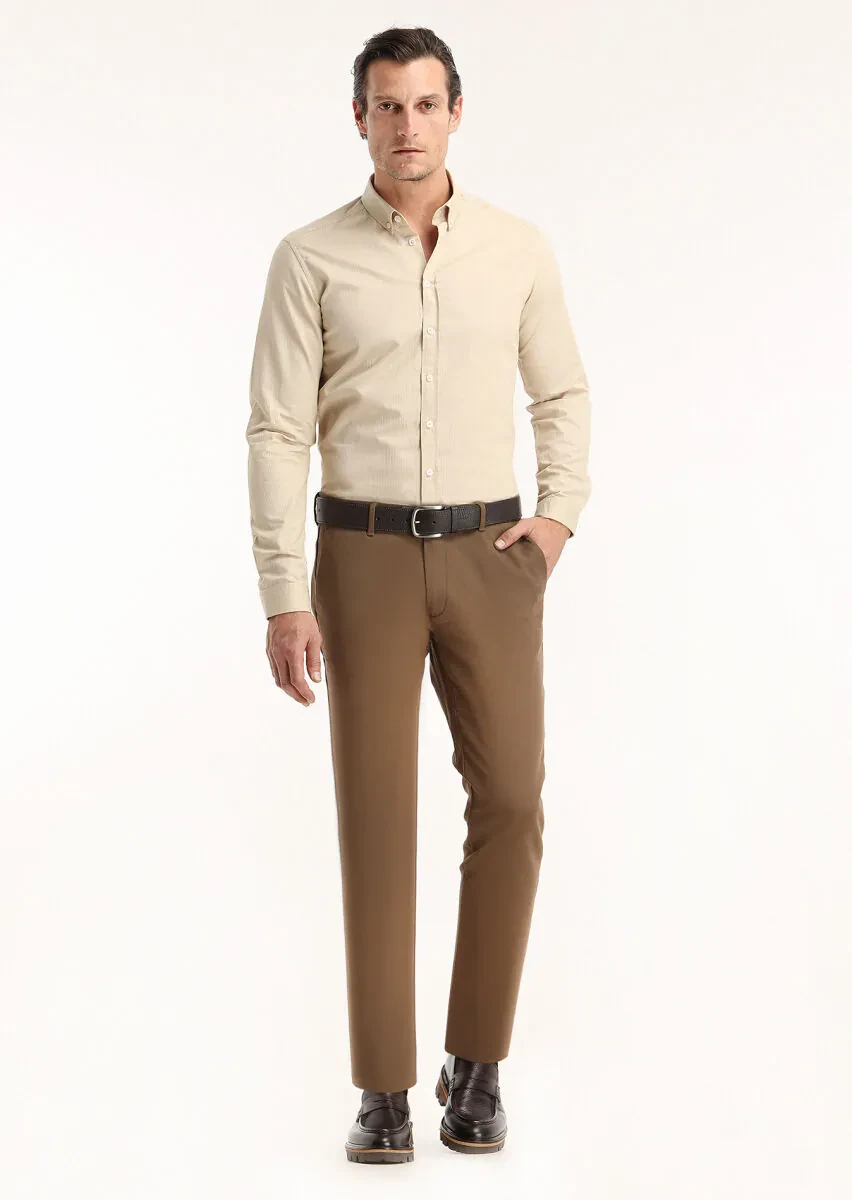 Bej Fitilli Regular Fit Dokuma Casual %100 Pamuk Gömlek - 1