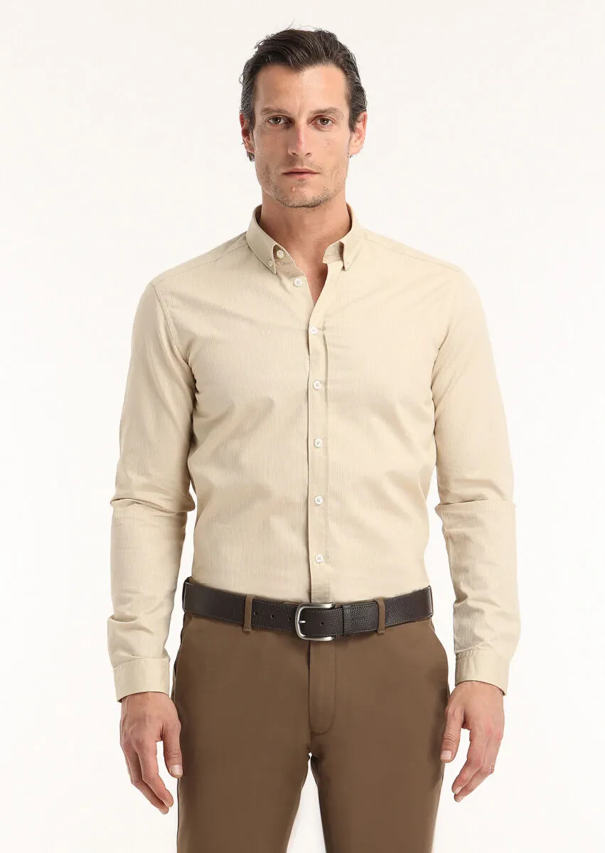 Bej Fitilli Regular Fit Dokuma Casual %100 Pamuk Gömlek - 5