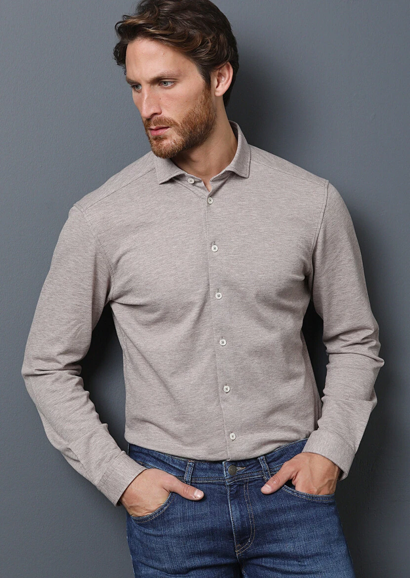 Bej Fitted Fit Casual %100 Pamuk Gömlek - 1