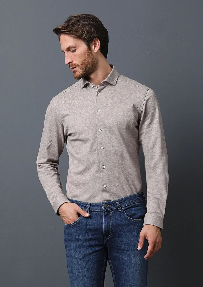 Bej Fitted Fit Casual %100 Pamuk Gömlek - 2