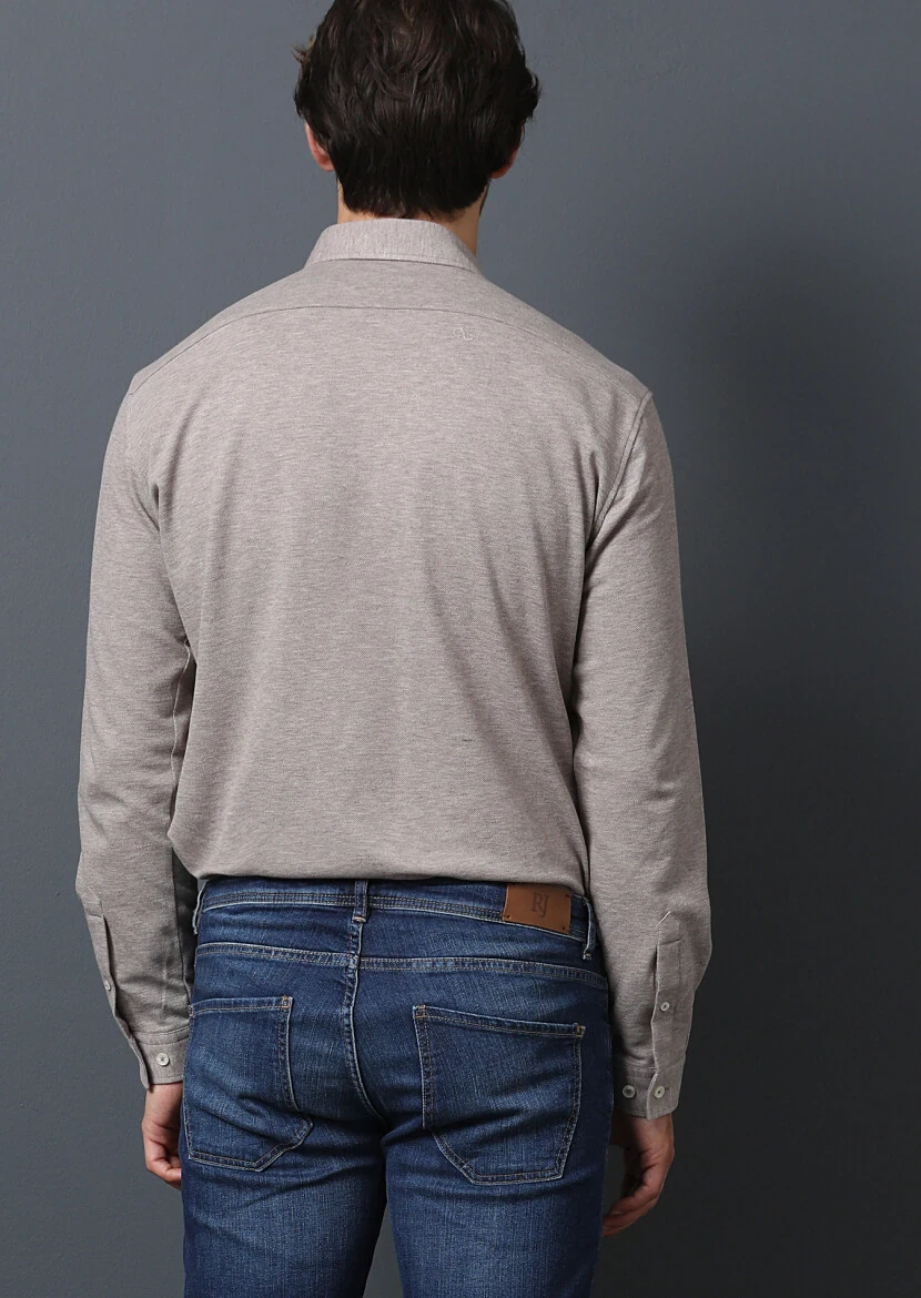 Bej Fitted Fit Casual %100 Pamuk Gömlek - 5