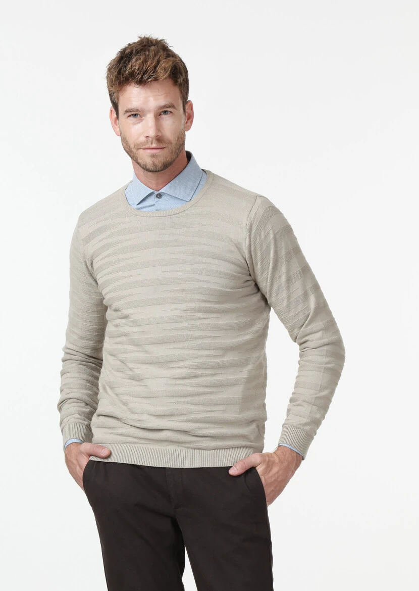 Bej Jakarlı %100 Pamuk Triko Kazak - 1