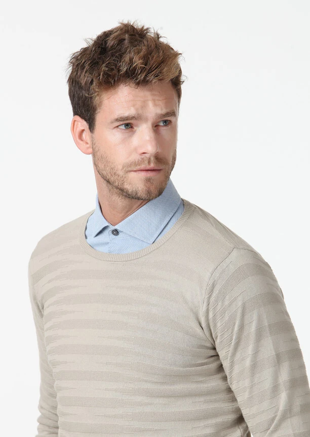 Bej Jakarlı %100 Pamuk Triko Kazak 