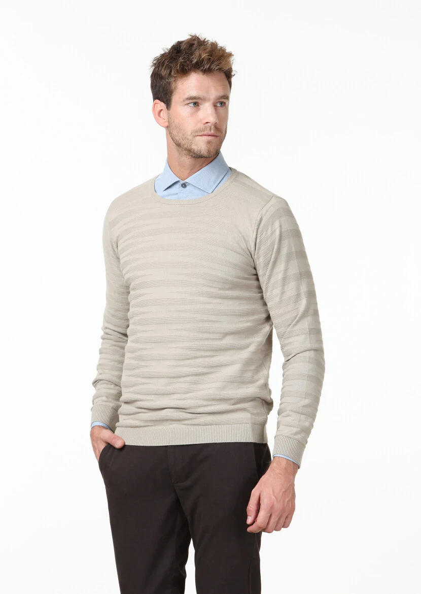 Bej Jakarlı %100 Pamuk Triko Kazak - 3