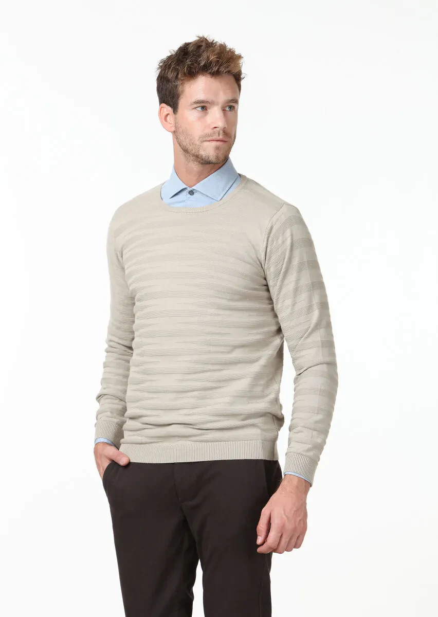 Bej Jakarlı %100 Pamuk Triko Kazak - 3