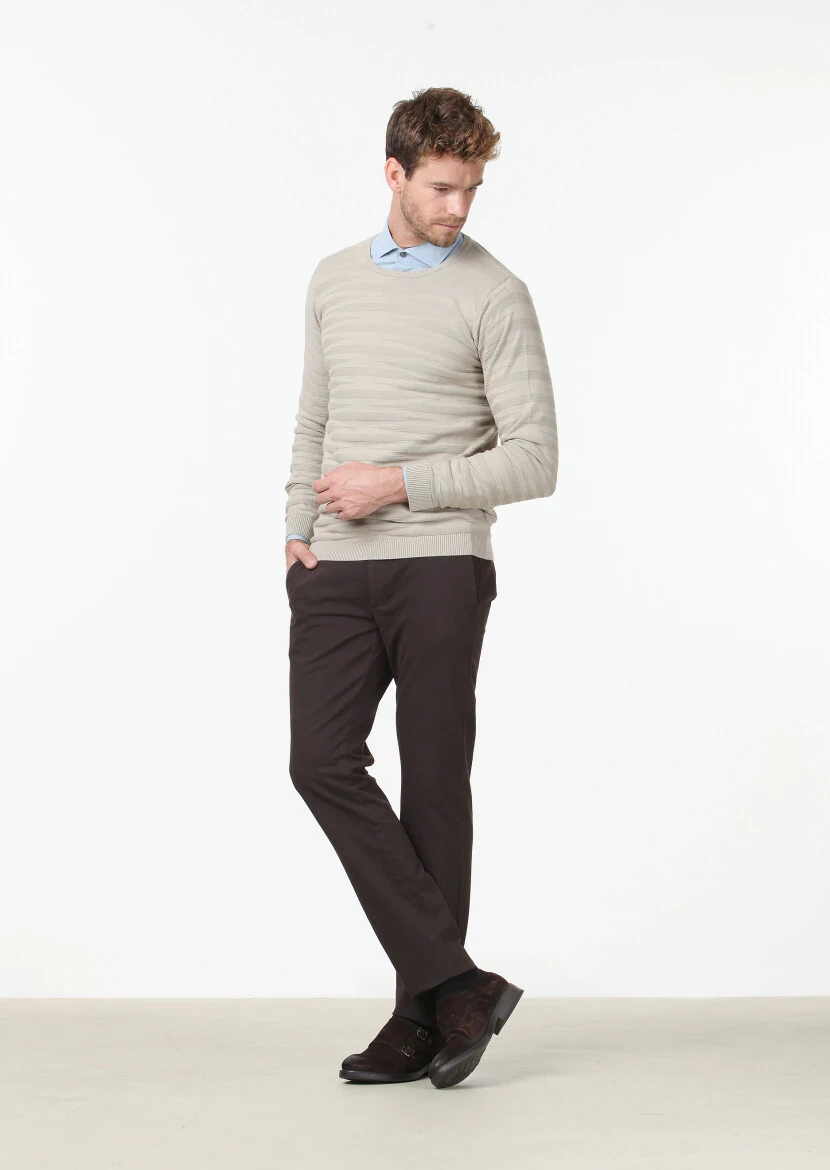 Bej Jakarlı %100 Pamuk Triko Kazak - 4