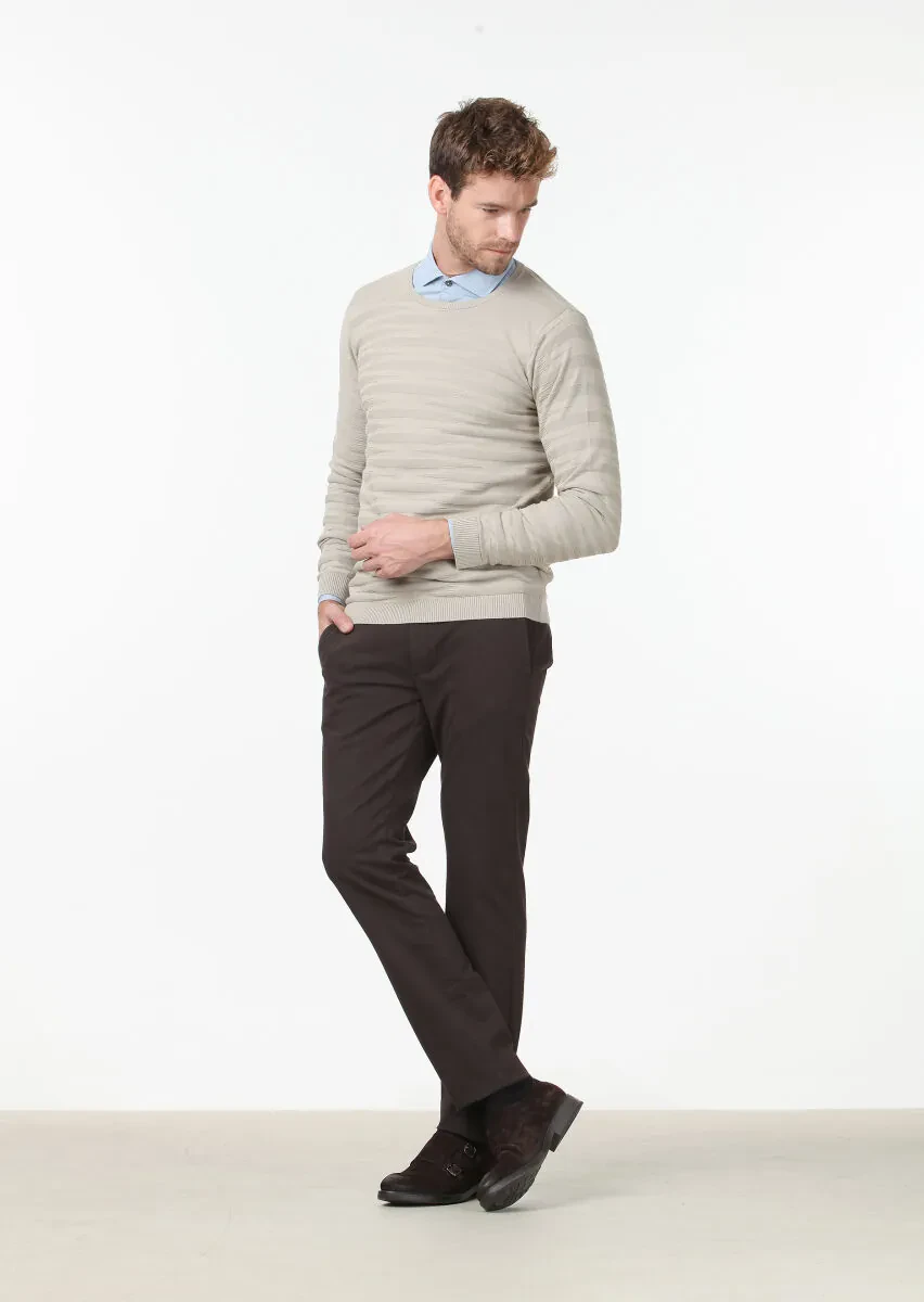 Bej Jakarlı %100 Pamuk Triko Kazak - 4