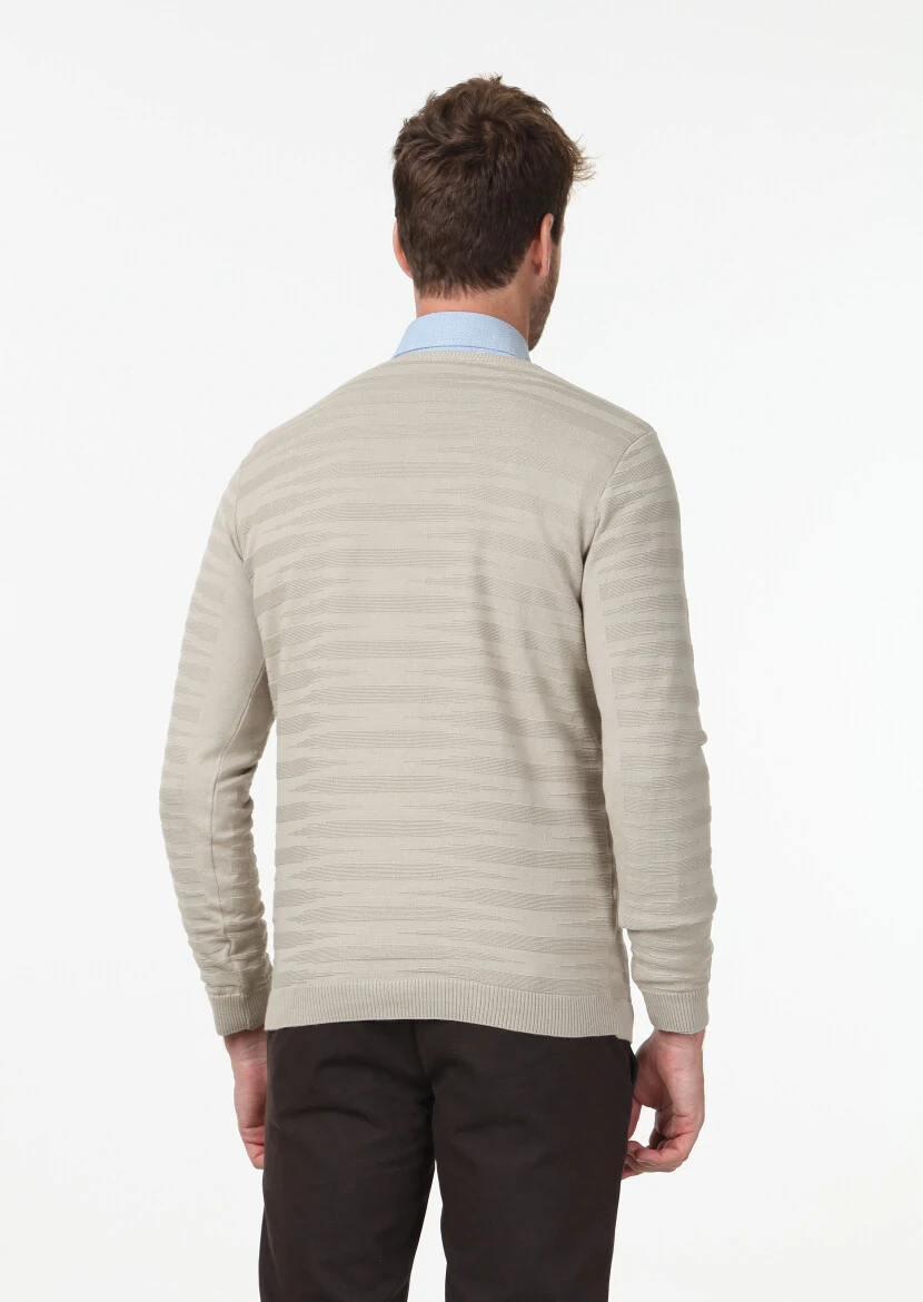 Bej Jakarlı %100 Pamuk Triko Kazak - 5