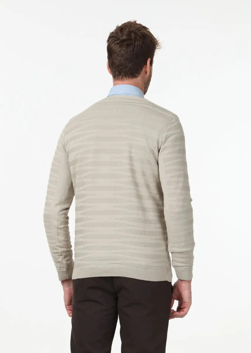 Bej Jakarlı %100 Pamuk Triko Kazak - 5