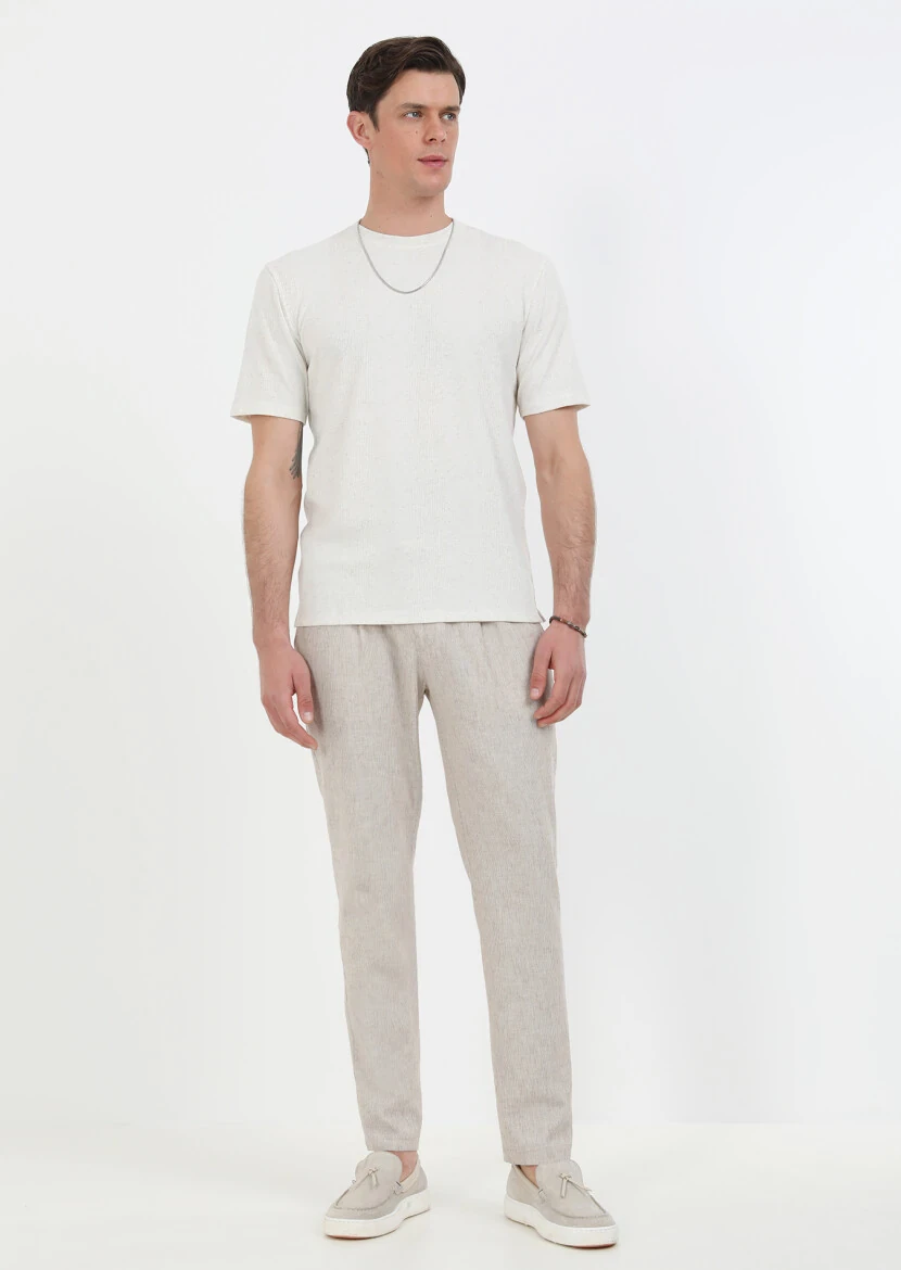 Bej Jakarlı Bisiklet Yaka Keten Karışımlı T-Shirt - 1