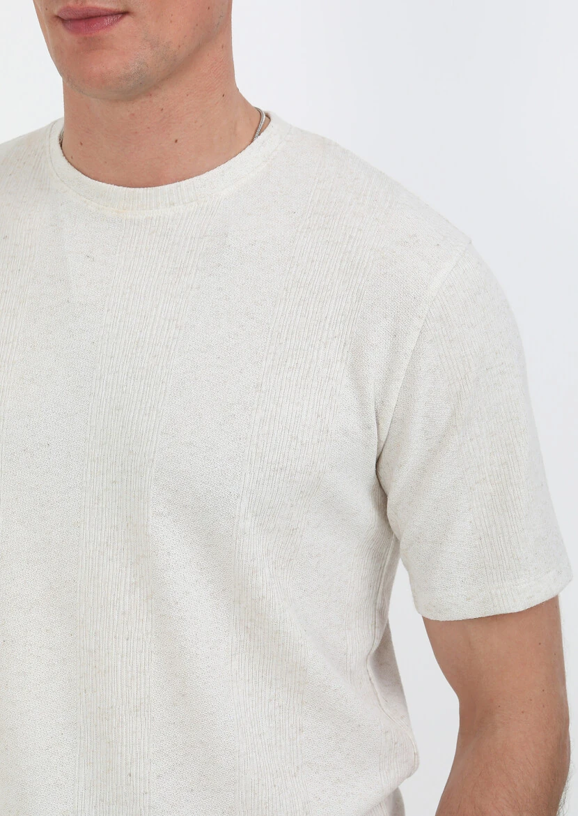 Bej Jakarlı Bisiklet Yaka Keten Karışımlı T-Shirt - 2