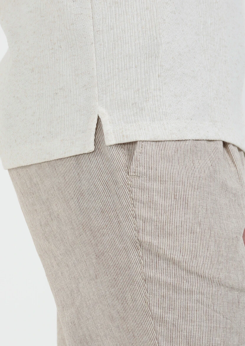 Bej Jakarlı Bisiklet Yaka Keten Karışımlı T-Shirt - 4