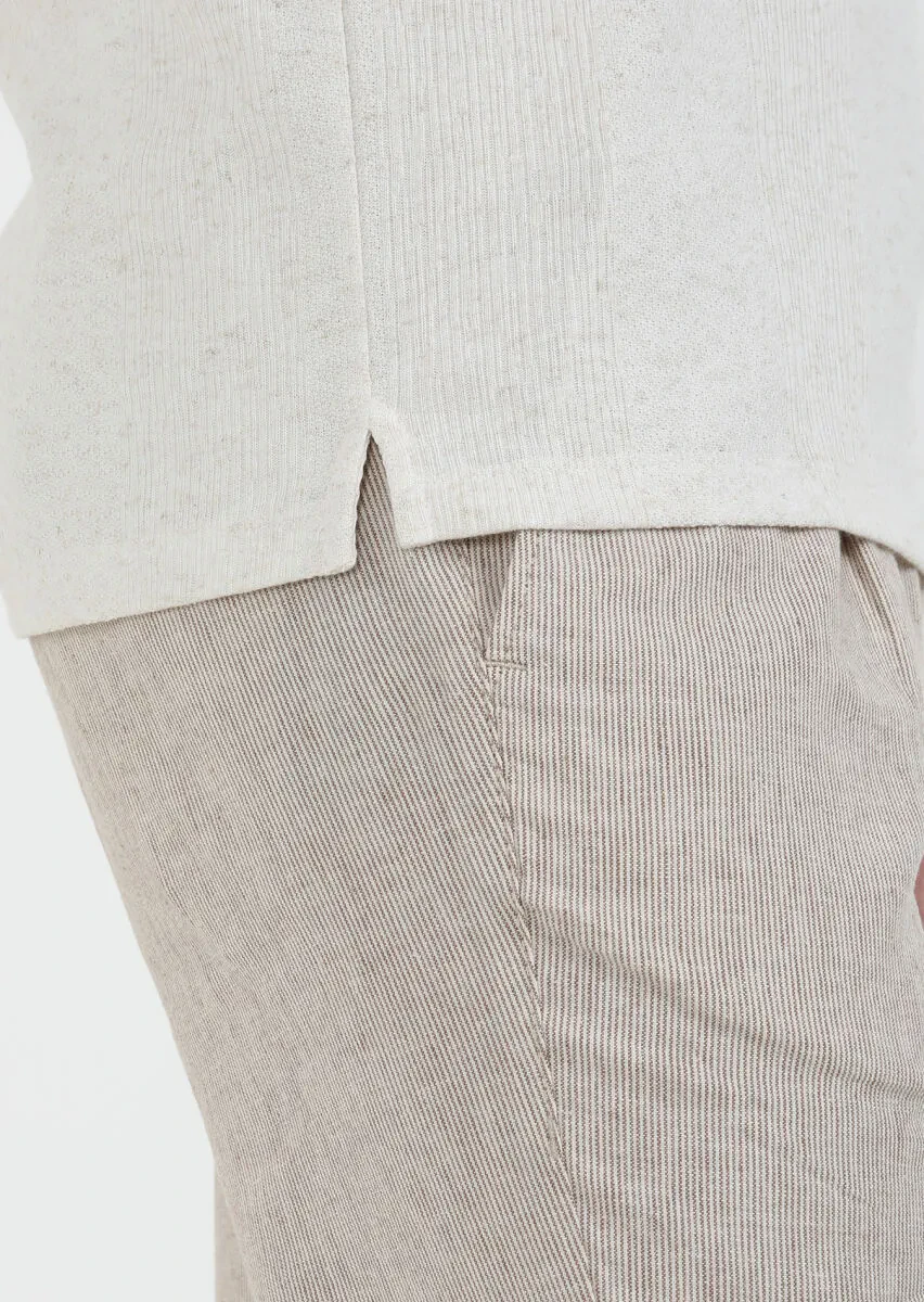 Bej Jakarlı Bisiklet Yaka Keten Karışımlı T-Shirt - 4