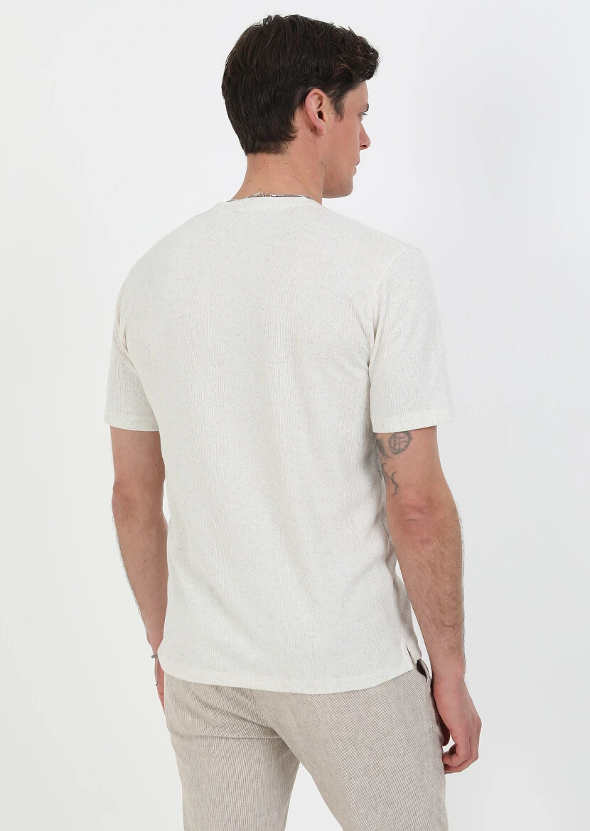 Bej Jakarlı Bisiklet Yaka Keten Karışımlı T-Shirt - 5