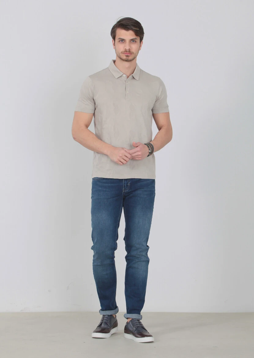 Bej Jakarlı Polo Yaka %100 Pamuk T-Shirt - 2