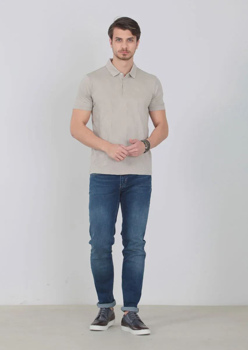 Bej Jakarlı Polo Yaka %100 Pamuk T-Shirt - 2