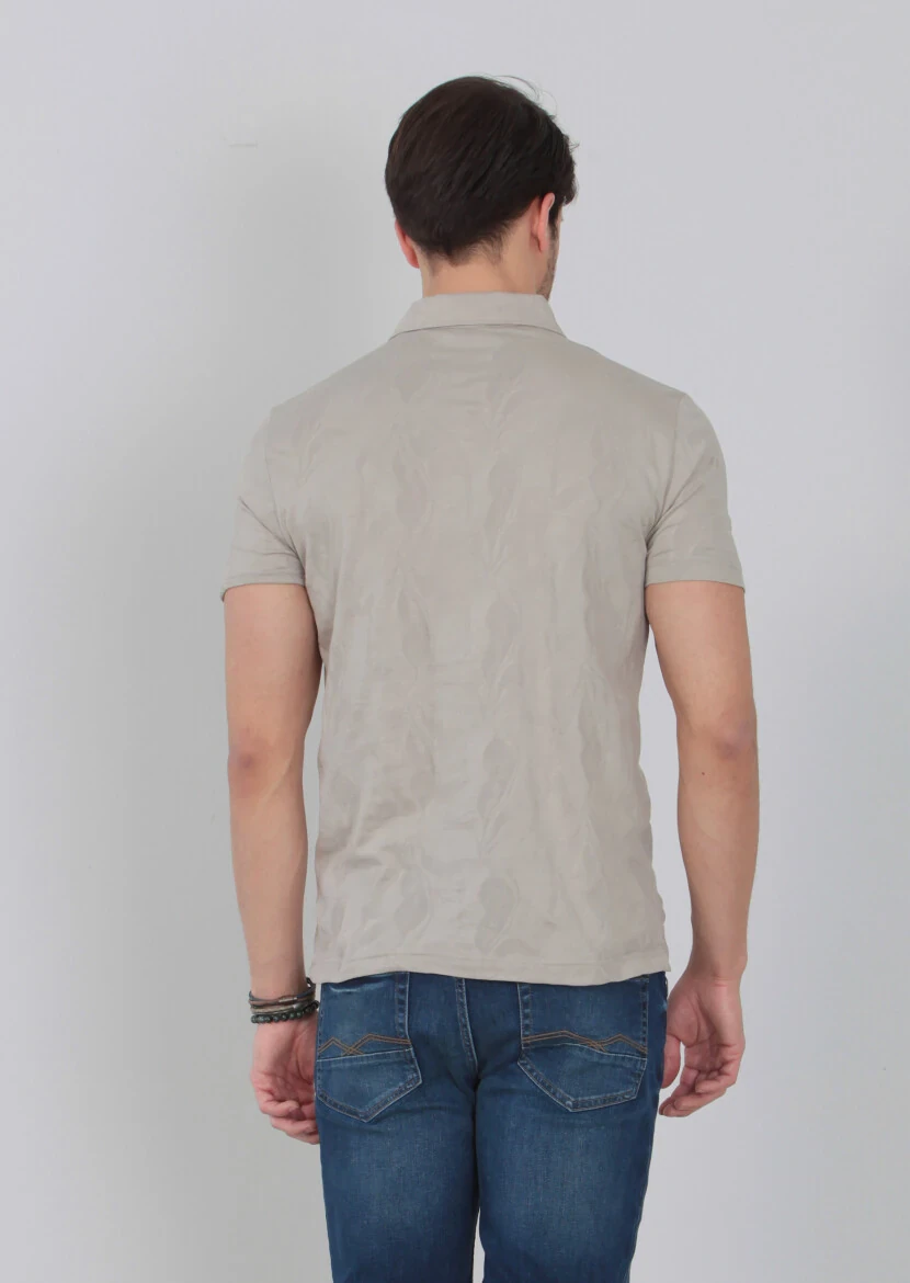 Bej Jakarlı Polo Yaka %100 Pamuk T-Shirt - 4