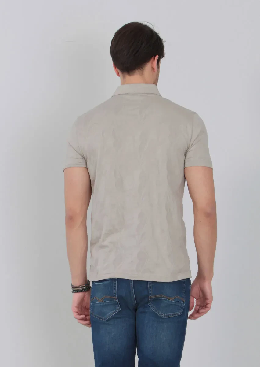 Bej Jakarlı Polo Yaka %100 Pamuk T-Shirt - 4