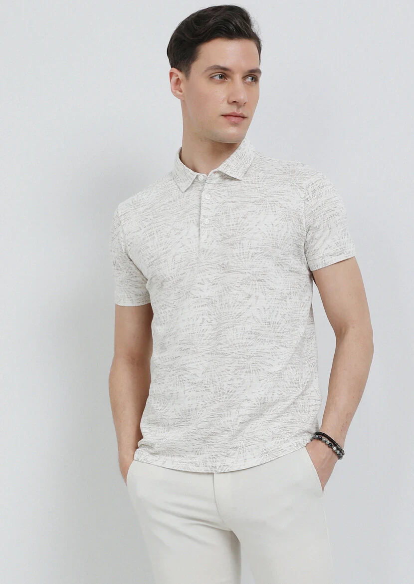 Bej Jakarlı Polo Yaka %100 Pamuk T-Shirt - 1