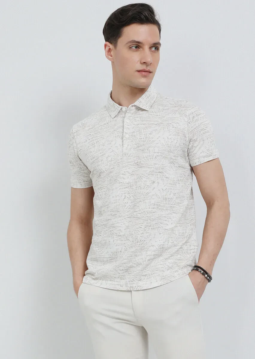 Bej Jakarlı Polo Yaka %100 Pamuk T-Shirt - 1