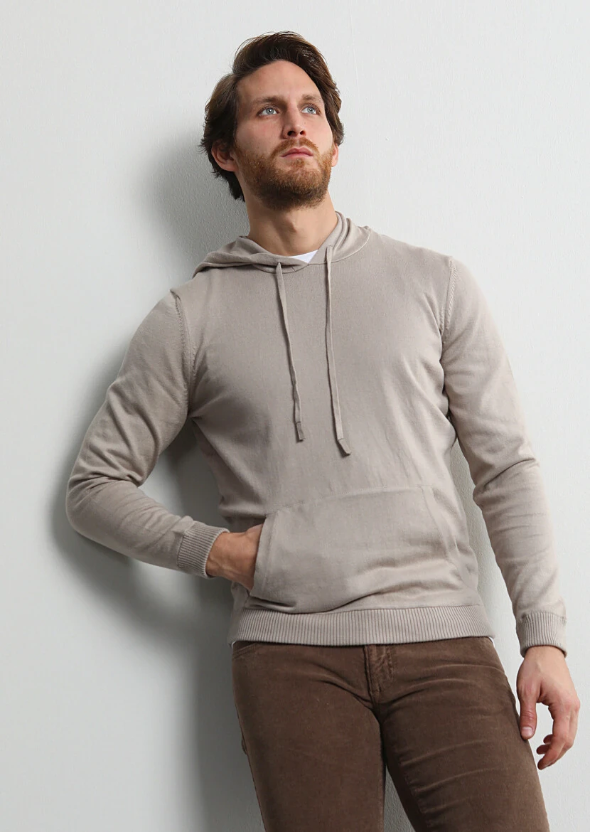 Bej Kapüşonlu Düz Örgü %100 Pamuk Triko Kazak - 1